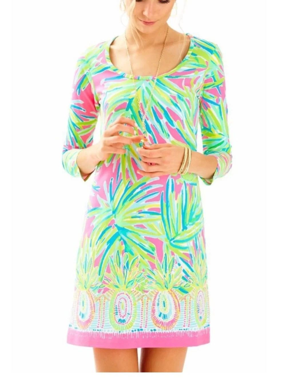 Lilly Pulitzer Pink Green Tropical Palm Mini Dress Size S Resort Coastal Preppy
